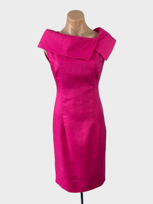 Designer Rebecca Kaye vintage 80's hot pink shift dress in linen weave with asymmetric collar for special event wear.