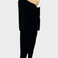 Designer Reiss black velvet one shoulder gown with front slit and drop waist for formal wear.