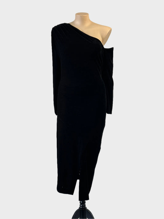 Designer Reiss black velvet one shoulder gown with front slit and drop waist for formal wear.