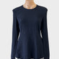 Designer Scanlan Theodore navy blue peplum top in puckered weave with round neck for office wear.
