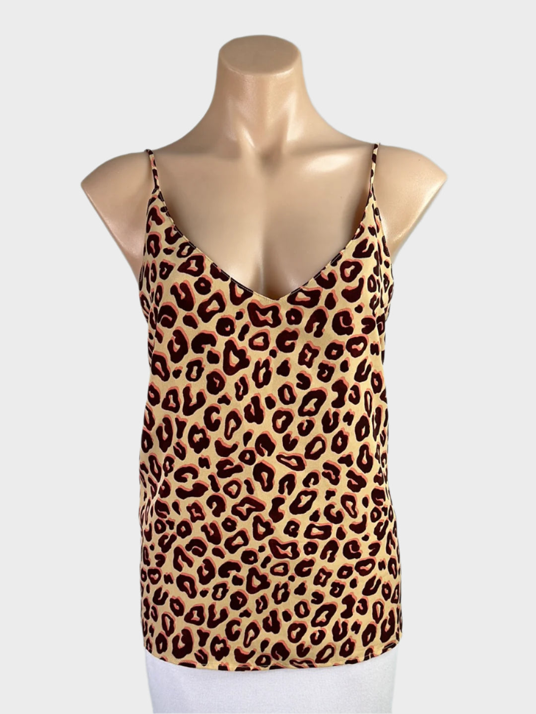 Designer Scotch & Soda beige chemise top with bright leopard print, v-neck, and spaghetti straps for smart casual or resort wear.