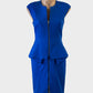 Designer Ted Baker blue sleeveless sheath dress with zip front and peplum waist for office or special events.