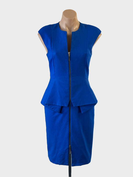 Designer Ted Baker blue sleeveless sheath dress with zip front and peplum waist for office or special events.