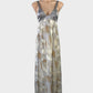 Designer Truese grey and beige empire waist gown in sheer silk with geometric print, satin bodice, and sweetheart neck for evening wear.