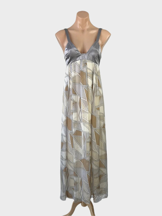 Designer Truese grey and beige empire waist gown in sheer silk with geometric print, satin bodice, and sweetheart neck for evening wear.