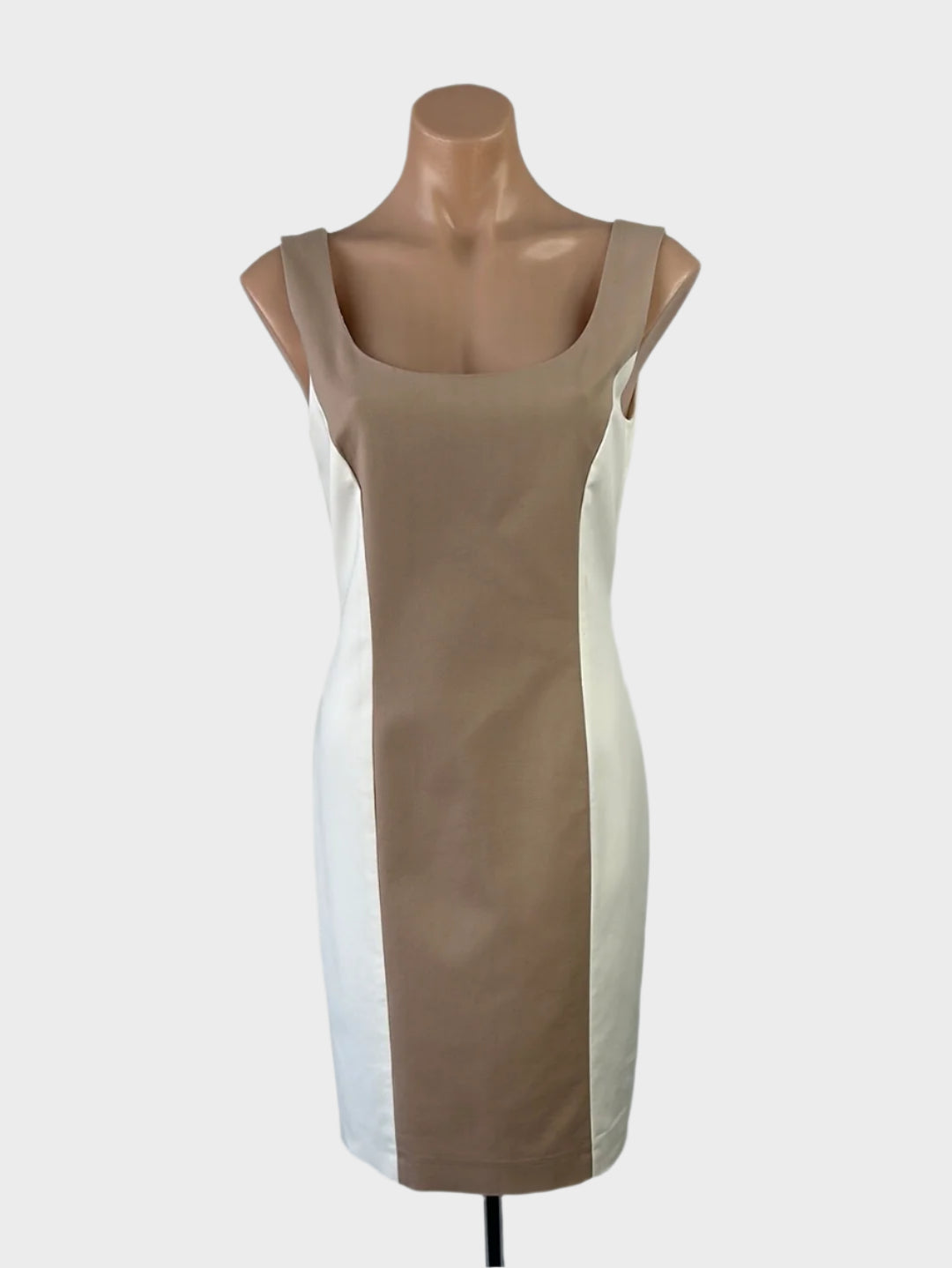 Designer Trussardi beige and white classic shift dress with contrasting centre panel and straight skirt for office wear.