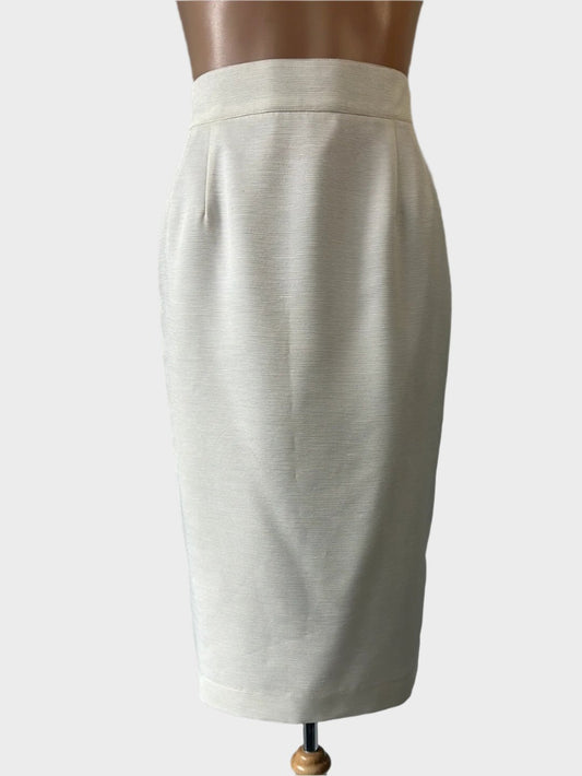 Designer vintage 80's straight skirt in white slub weave with wide waistband and back vent for office wear.