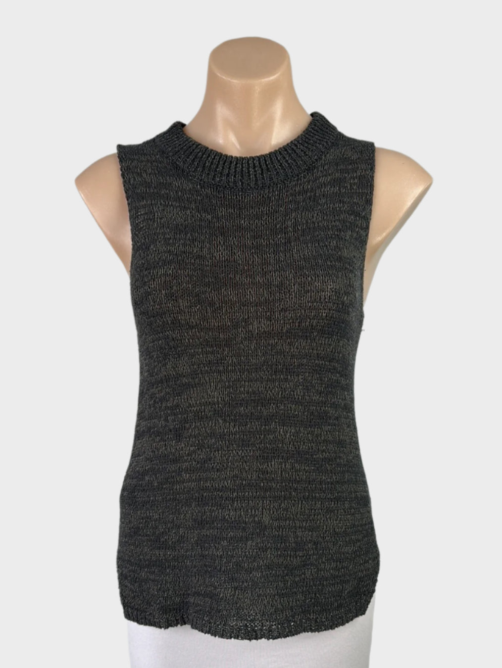 Designer Willow black sleeveless tank top in variegated yarn knit with rib trim and notched hem for smart casual or office wear.