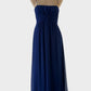 Diana Ferrari sleeveless gown in blue crepe with spaghetti straps, bow detail and gathered skirt for formal wear.