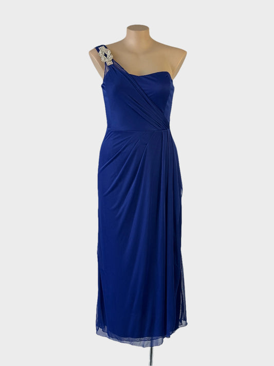 Diana Ferrari one-shoulder gown in blue sheer mesh with sweetheart neck, draped overlay and pleated skirt for formal wear.