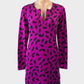 Designer Diane von Furstenberg shift dress in magenta with black leaf print, notched neck and long sleeves for office or smart casual wear.