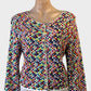 Designer Didier Parakian cardigan in ivory and multicolour check knit with scoop neck and ivory trim for office or smart casual wear.