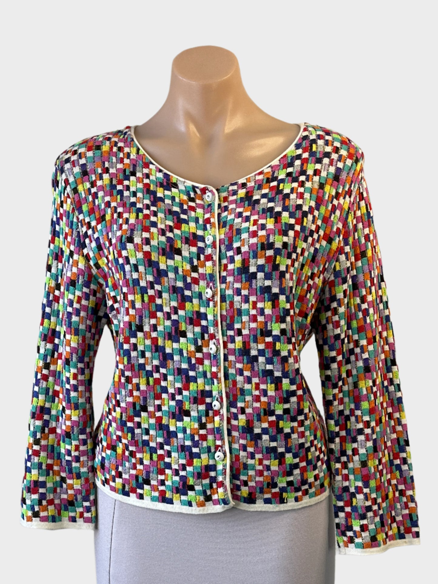 Designer Didier Parakian cardigan in ivory and multicolour check knit with scoop neck and ivory trim for office or smart casual wear.