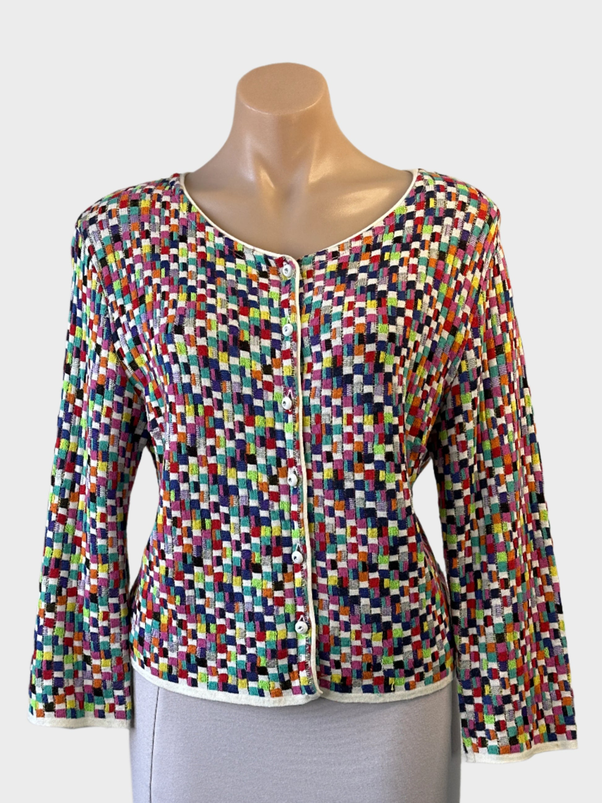 Designer Didier Parakian cardigan in ivory and multicolour check knit with scoop neck and ivory trim for office or smart casual wear.