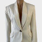 Vintage Discovery Gold single breasted jacket in white crepe with ornate braided trim, shawl lapels and curved flap pockets for office or special events wear.