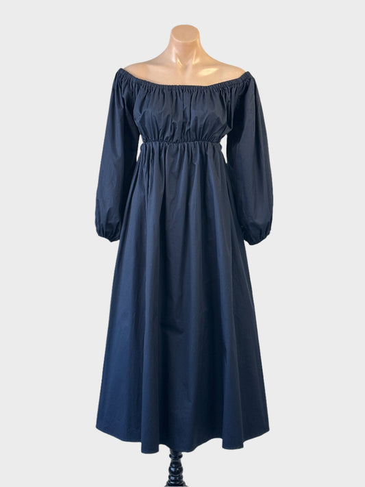 Designer DISSH off the shoulder dress in black with garterised neckband, balloon sleeves and gathered skirt for special events or smart casual wear.
