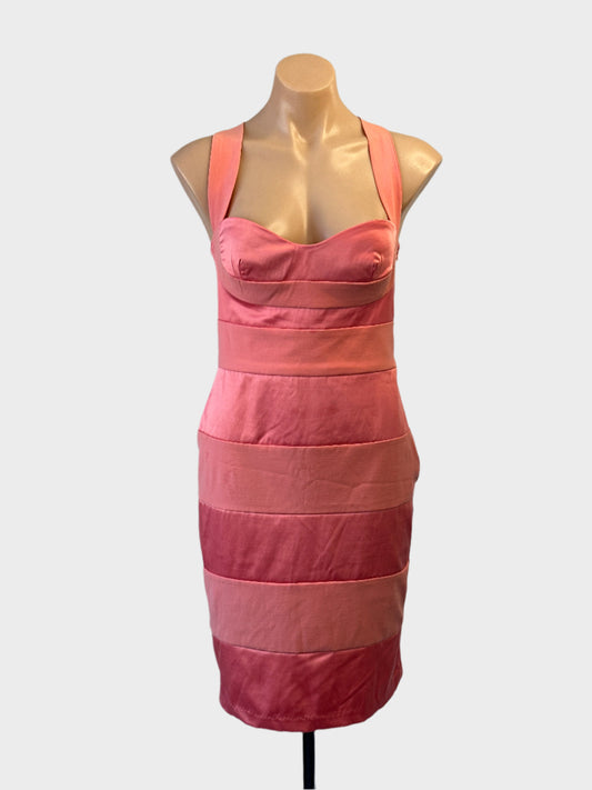 Elise Ryan sheath dress in pink with corset bodice and pencil skirt for special events or formal wear.