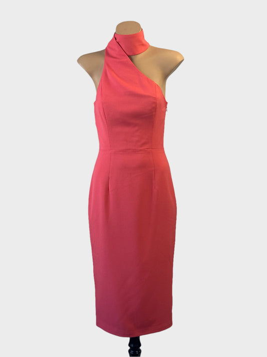 Designer Elle Zeitoune one shoulder dress in pink with band collar and pencil skirt for evening or special events wear.