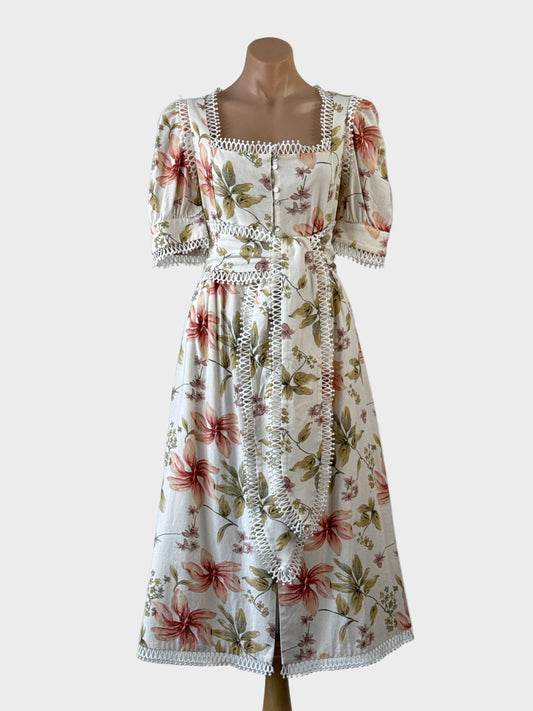 Designer Elliatt cream floral cotton linen shirt dress with guipure lace trim and pleated skirt for special events