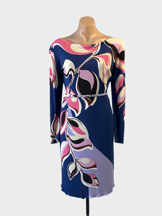 EMILIO PUCCI retro 60s jersey dress in cobalt print with bateau neck, long sleeves and matching belt — wear for events or office.