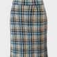 Designer Escada Sport sky blue plaid knit straight skirt with jacquard logo tab and raw edge hem for office or smart casual wear.