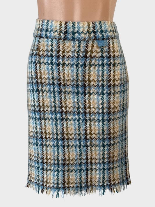 Designer Escada Sport sky blue plaid knit straight skirt with jacquard logo tab and raw edge hem for office or smart casual wear.