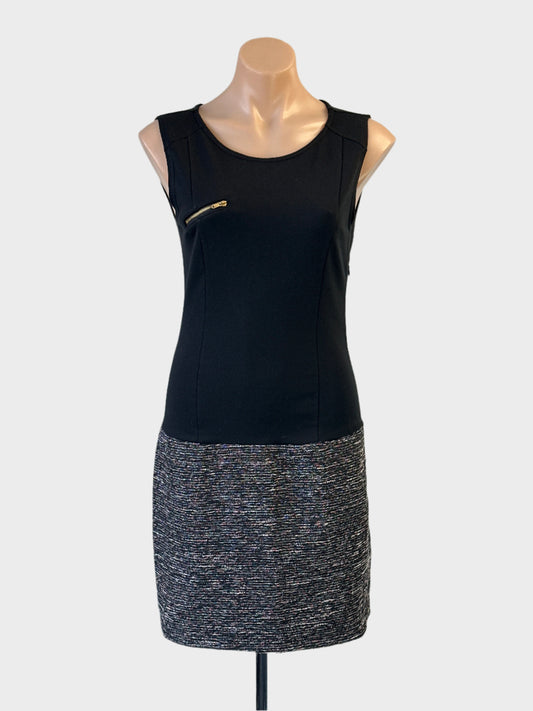ESPRIT bodycon dress in black and grey with drop waist and metal zip pocket for office or smart casual wear.