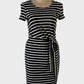 Designer ESPRIT t-shirt dress in black and white striped jersey with short sleeves, round neck, tie front sash and straight skirt for office or smart casual.