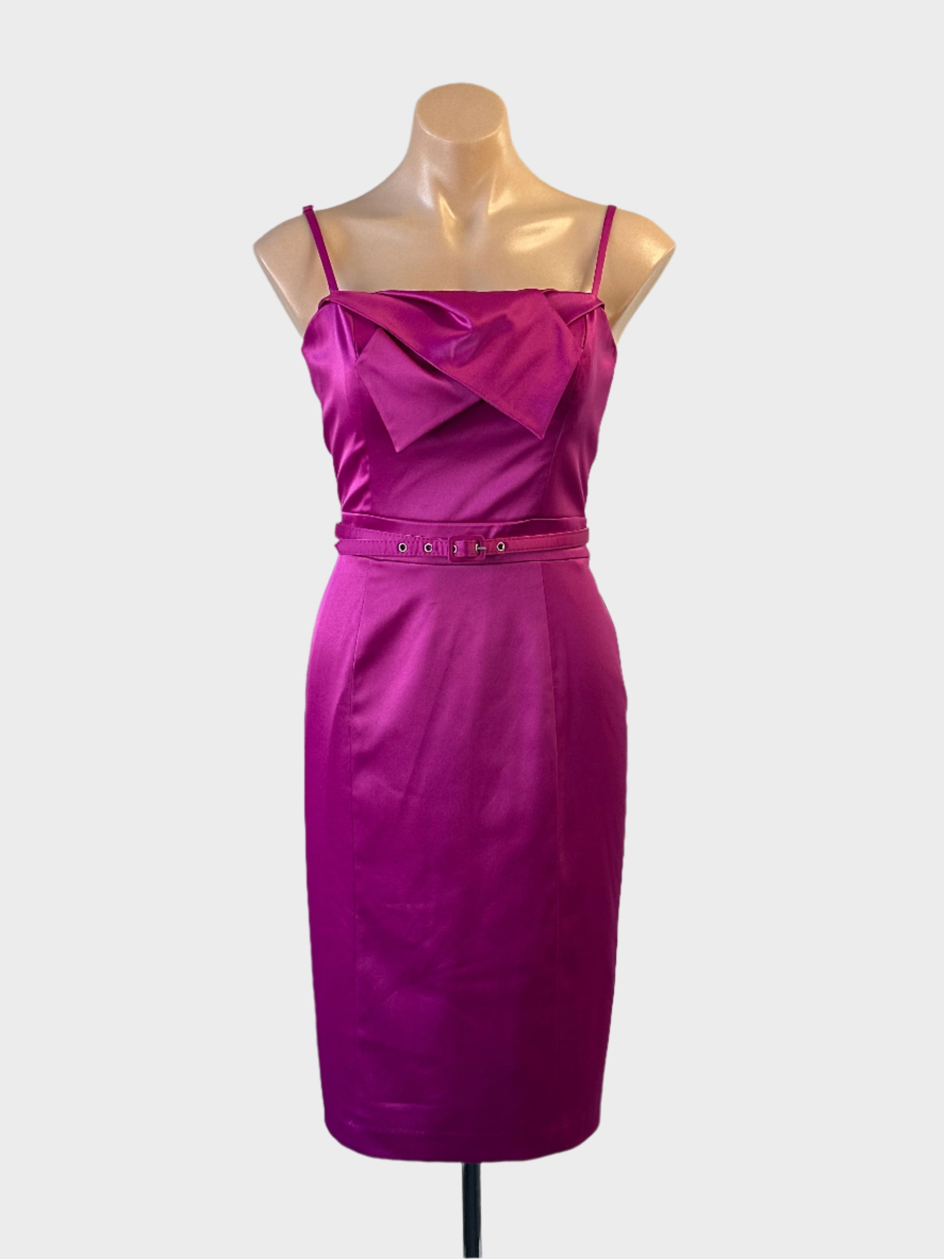 Events Collection sheath dress in hot pink satin with bow bodice and matching belt for evening or formal wear.