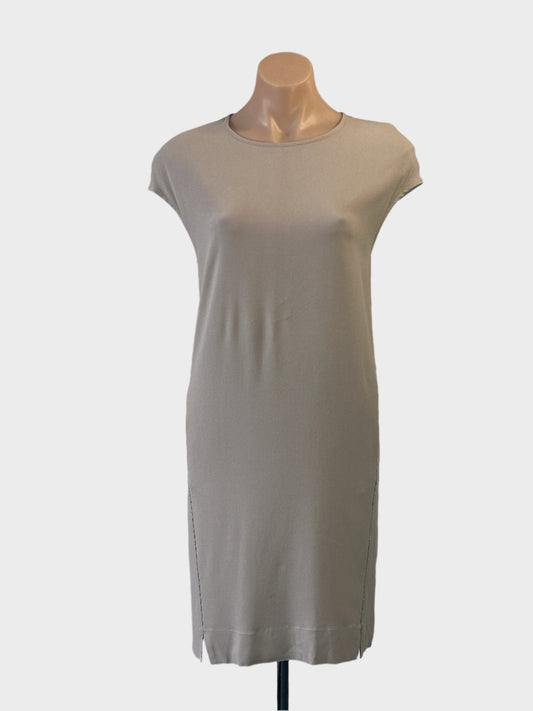 Designer Fabiana Filippi shift dress in beige with micro bead trim and notched hem for office or special events wear