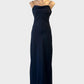 Fairweather navy blue crepe empire waist gown with draped bodice and back sash for formal wear.