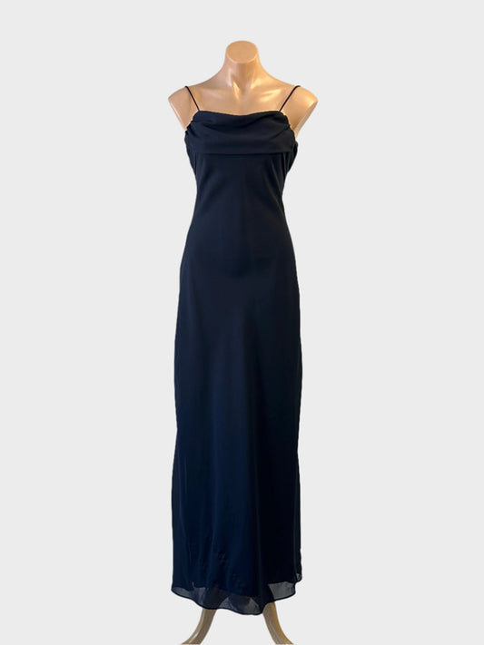 Fairweather navy blue crepe empire waist gown with draped bodice and back sash for formal wear.