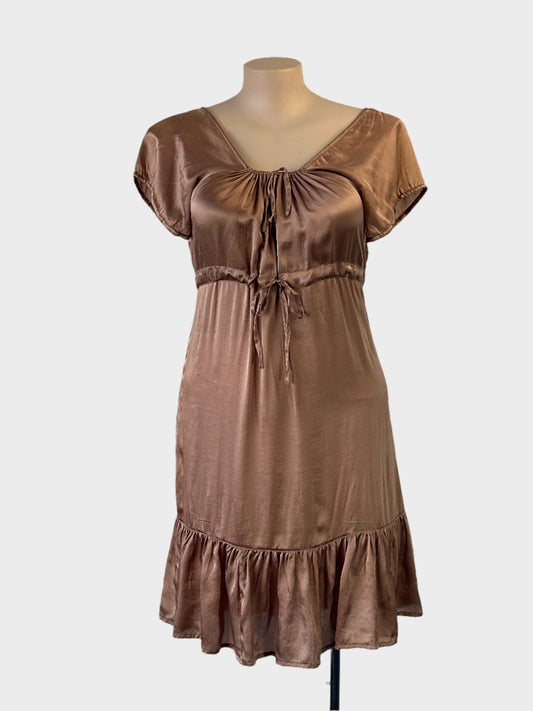 Firefly empire waist dress in brown with drawstring waist and ruffle hem for evening or special events wear.