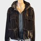 Designer FOIL hooded brown velvet jacket with grosgrain trim and drawstring waist for smart casual or evening wear.