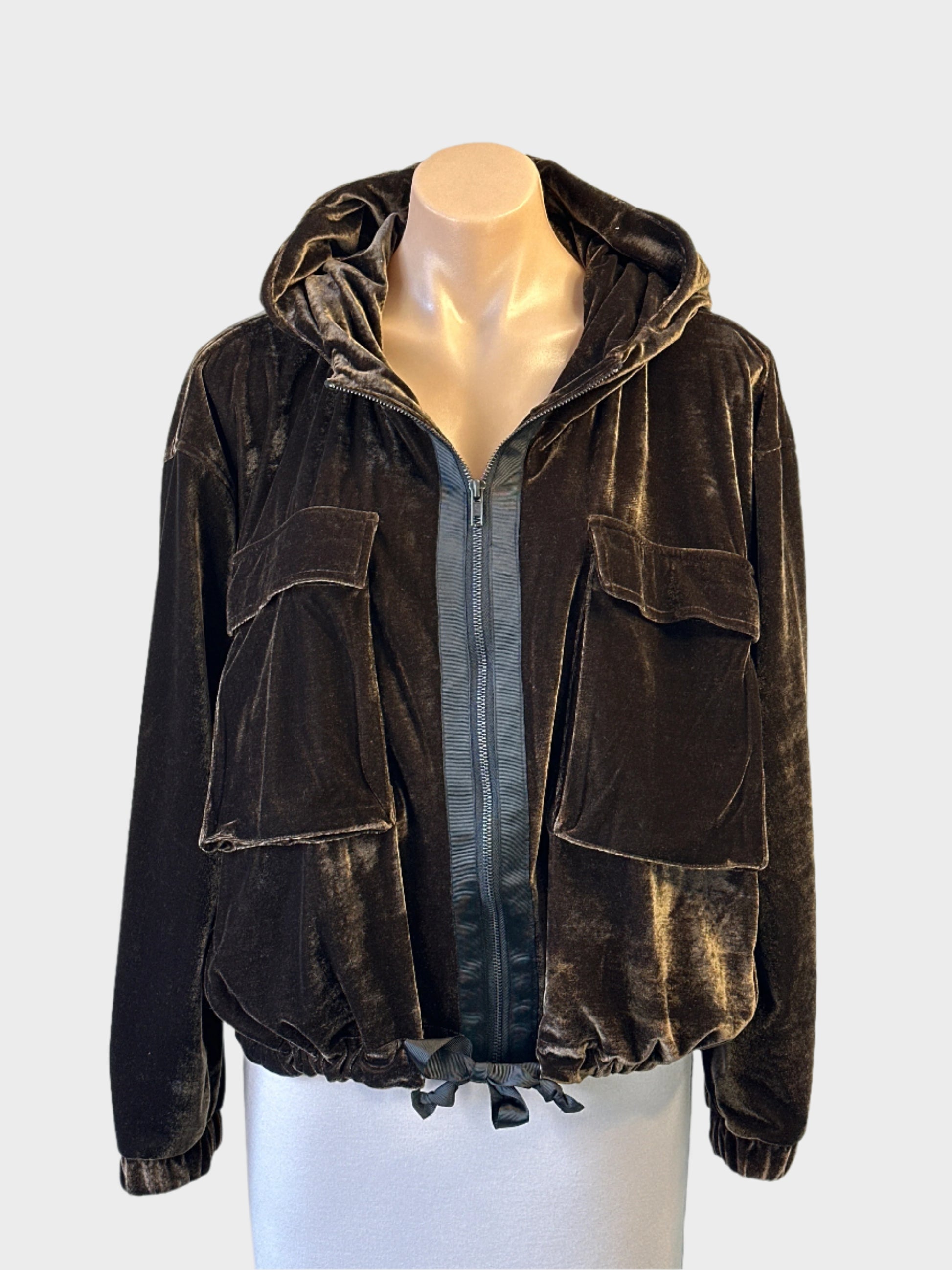 Designer FOIL hooded brown velvet jacket with grosgrain trim and drawstring waist for smart casual or evening wear.