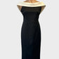Forcast retro 50's style sleeveless sheath dress in black and white with shawl collar for special events or evening wear.