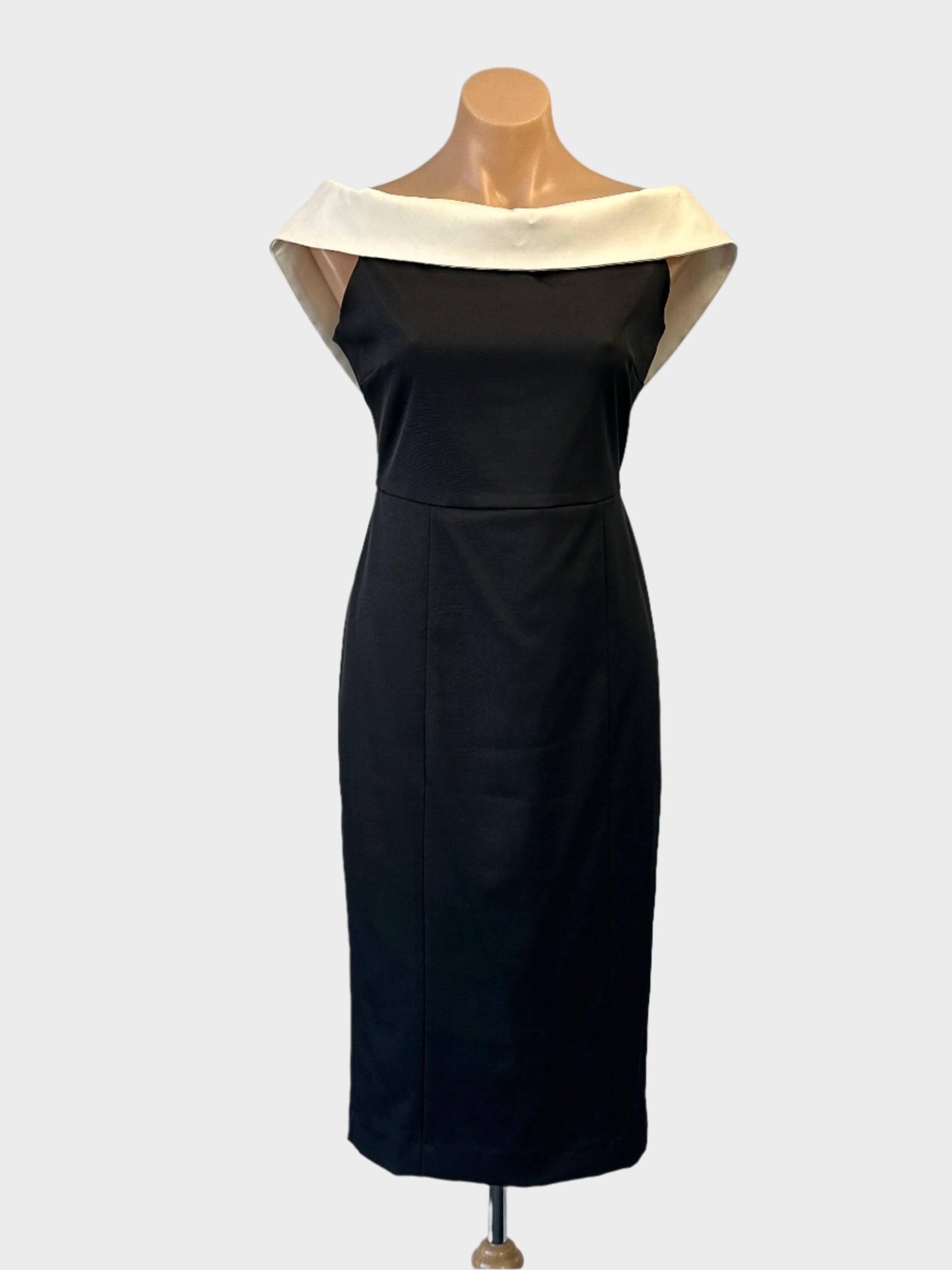 Forcast retro 50's style sleeveless sheath dress in black and white with shawl collar for special events or evening wear.