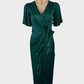 Forever New green dress with satin finish, surplice neck, and tulip skirt for evening or formal wear.