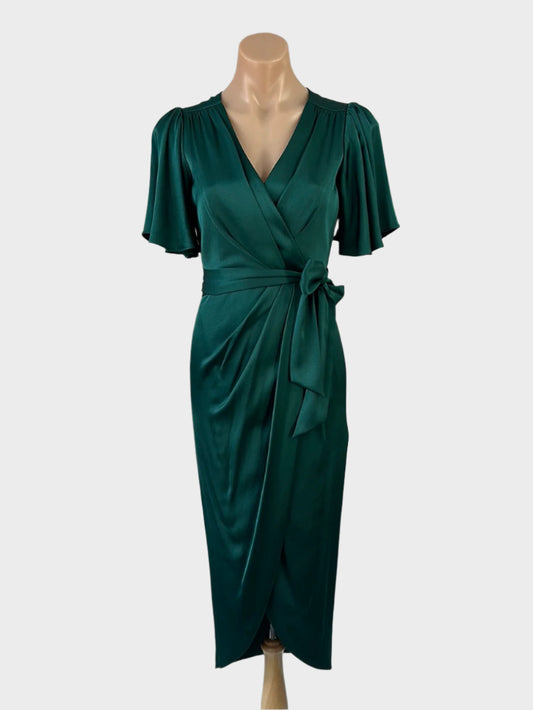 Forever New green dress with satin finish, surplice neck, and tulip skirt for evening or formal wear.