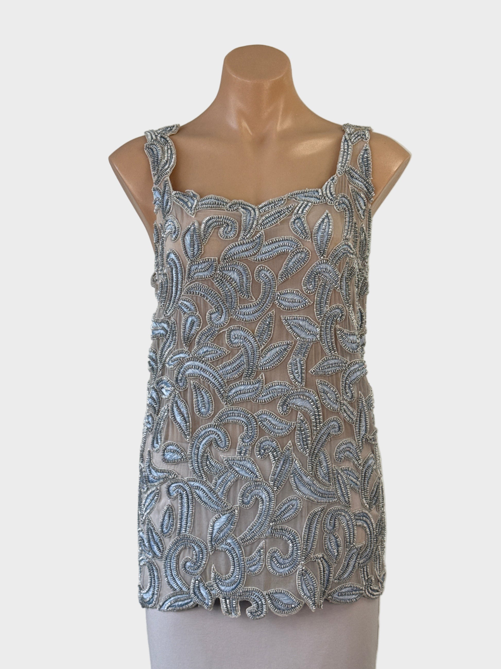 Designer Françoise Esterházy sleeveless sheer silk top with pewter beading, scalloped hem and square neck for formal or evening wear.
