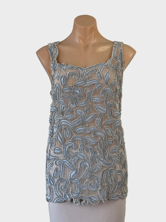Designer Françoise Esterházy sleeveless sheer silk top with pewter beading, scalloped hem and square neck for formal or evening wear.