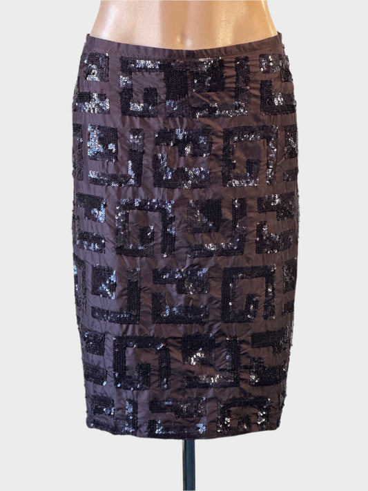 French Connection dark burgundy silk skirt with black geometric sequin embellishment for evening wear.