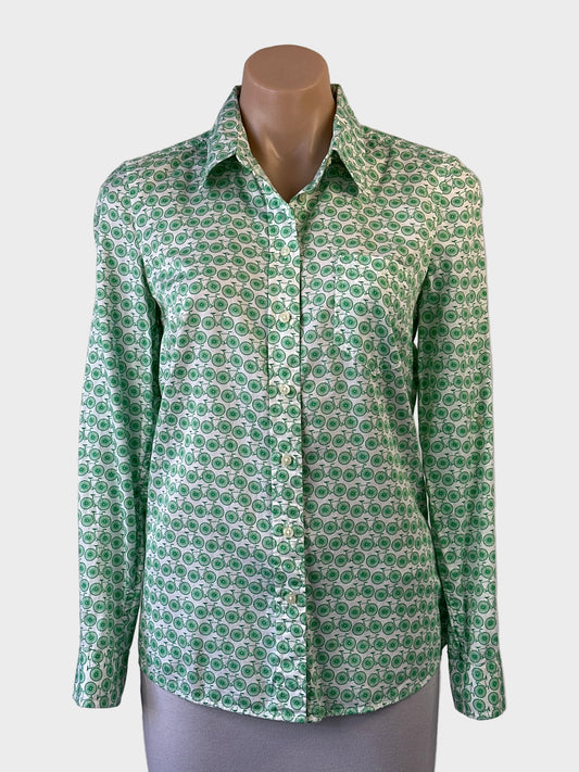 GAP long sleeve shirt in white with green retro bicycle print, button front and curved hem for smart casual wear