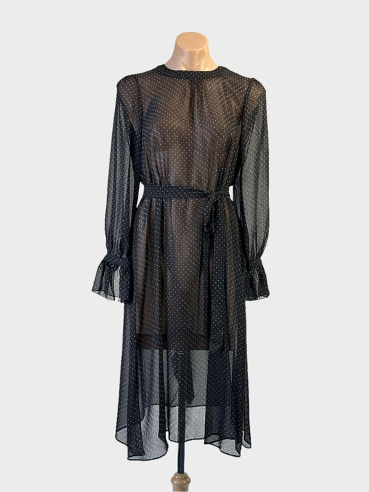 G.D.S. by Helena M sheer polka dot long sleeve dress with sash tie waist and cascading back ruffle for office or smart casual wear.