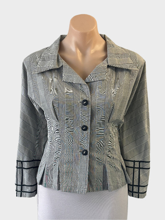 Designer George Gross cropped jacket in grey and black check with peplum and cuff trim for office wear.