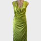 George Gross sheath dress in chartreuse stretch satin with cowl neck and ruched front for evening or formal wear.