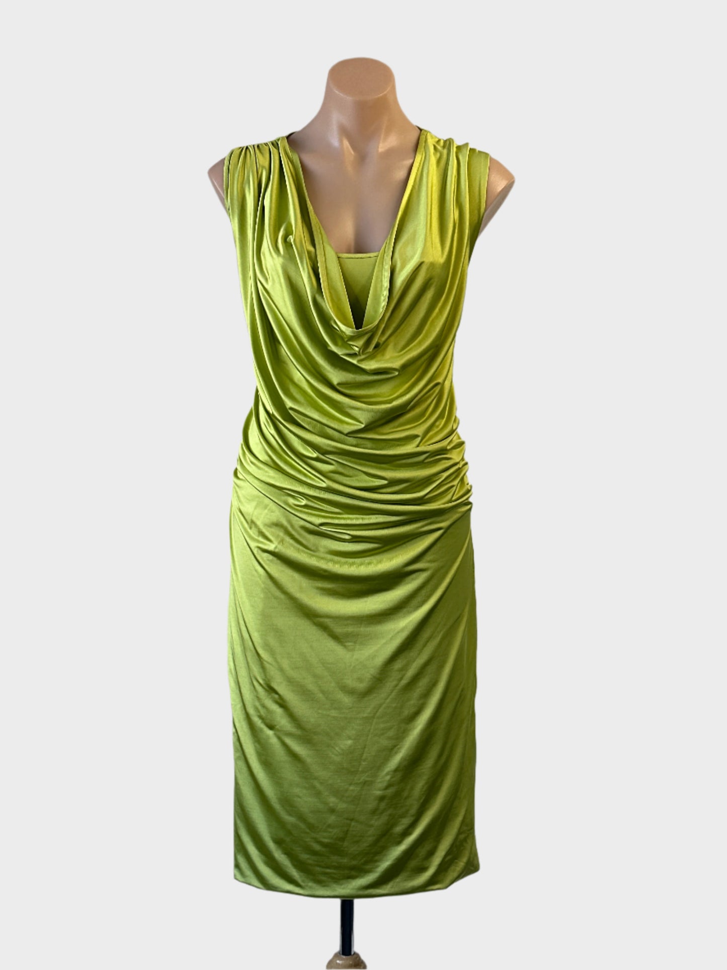 George Gross sheath dress in chartreuse stretch satin with cowl neck and ruched front for evening or formal wear.