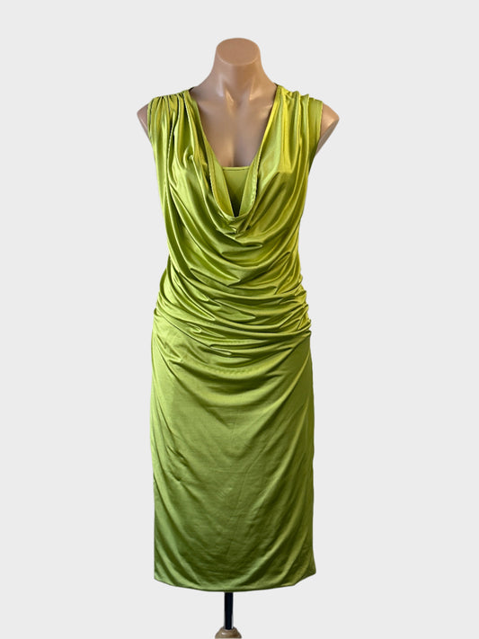 George Gross sheath dress in chartreuse stretch satin with cowl neck and ruched front for evening or formal wear.