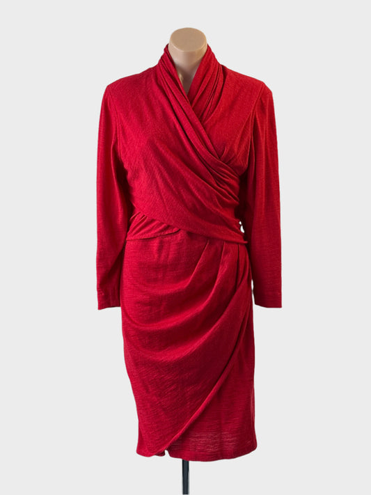 Designer George Gross sheath dress in red wool knit with draped overlay and tulip skirt for office or special events wear.