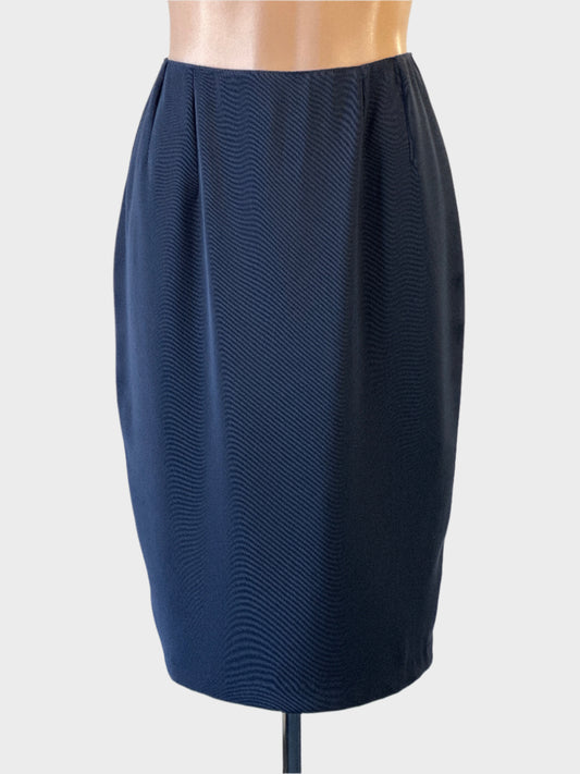 George Gross vintage 90s navy blue straight skirt with contour waist and back vent for office wear.